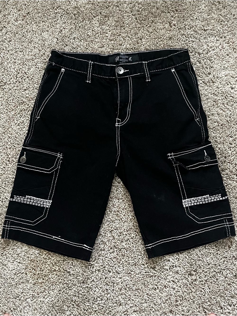 True Luck Men's Black Cargo Shorts with White Contrast Stitching